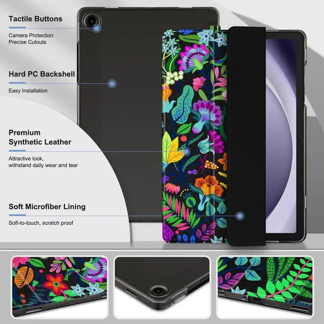 Alt view image 4 of 5 - MEEgoodo for Samsung Galaxy Tab A9 Plus 11 inch Case 2024 2023 (Fit Model SM-X210/X216/X218), A9+ Tablet Cases with Silk Texture & PC Clear Back Cover, Bright Flowers & Tropic Leaves