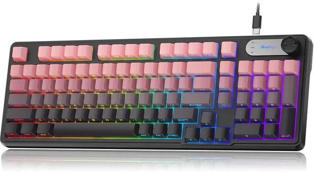 Main image of BlueFinger RGB Gaming Keyboard, 98 Keys USB Wired Keyboard with Rainbow Backlit, Volume Knob & Screen, Quiet Typing, Side-Printed PBT Keycaps for PC/Mac