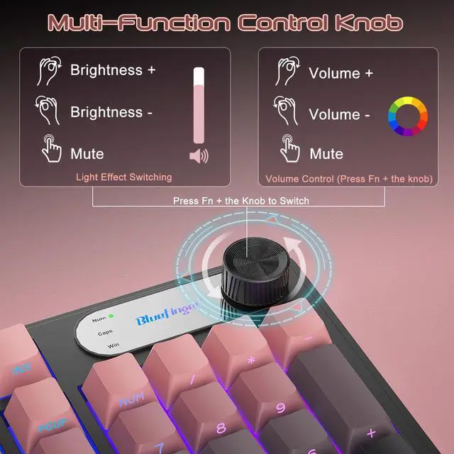 Alt view image 2 of 5 - BlueFinger RGB Gaming Keyboard, 98 Keys USB Wired Keyboard with Rainbow Backlit, Volume Knob & Screen, Quiet Typing, Side-Printed PBT Keycaps for PC/Mac