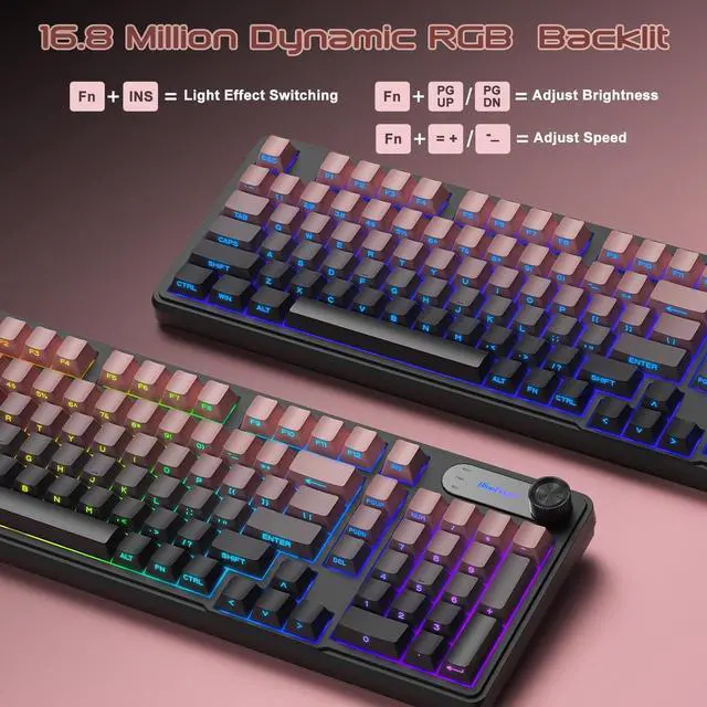 Alt view image 4 of 5 - BlueFinger RGB Gaming Keyboard, 98 Keys USB Wired Keyboard with Rainbow Backlit, Volume Knob & Screen, Quiet Typing, Side-Printed PBT Keycaps for PC/Mac