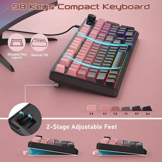 Alt view image 3 of 5 - BlueFinger RGB Gaming Keyboard, 98 Keys USB Wired Keyboard with Rainbow Backlit, Volume Knob & Screen, Quiet Typing, Side-Printed PBT Keycaps for PC/Mac