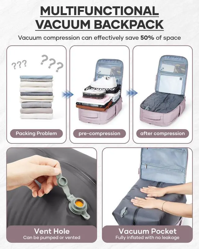 Alt view image 3 of 5 - suratio Vacuum Seal Backpack Travel Laptop Backpacks For Women Men Personal Item Travel Bag Large Carry On Backpack With Vacuum Compression Vacpack Backpacks With Pump Purple