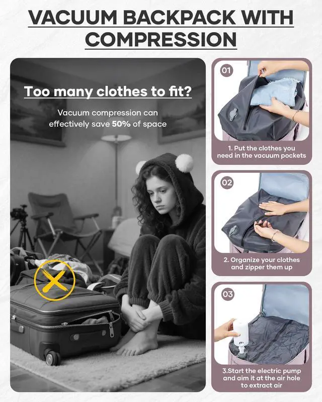 Alt view image 4 of 5 - suratio Vacuum Seal Backpack Travel Laptop Backpacks For Women Men Personal Item Travel Bag Large Carry On Backpack With Vacuum Compression Vacpack Backpacks With Pump Purple