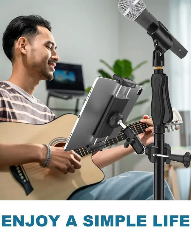 Alt view image 3 of 5 - Aluminum Tablet Holder for Microphone Stand/Mic Music Mount Stand [Without Slipping] 360° Rotation Adjustable iPad iPhone Holder Mount for Microphone with Clamp, Fits 4''13" Tablets & Smartphones