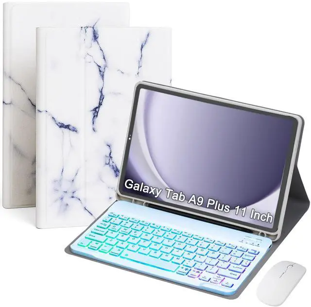 Main image of VLEAQC Keyboard Case for Samsung Galaxy Tab A9+/A9 Plus 11 Inch 2023 (SM-X210/X216/X218), Detachable Color Backlit Bluetooth Keyboard and Mouse, Lightweight Stand Cover with Pen Holder (White Marble)