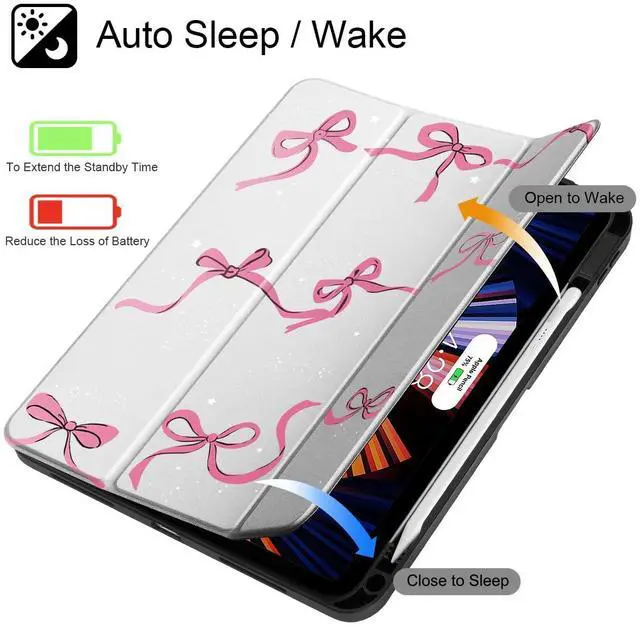 Alt view image 3 of 5 - May Chen Case for iPad Air 11 (M3 2025 / M2 2024) 7th 6th, iPad Air 4 & 5 10.9 Inch 5th 4th (2022/2020) - Pencel Holder + Auto Sleep/Wake, Transparent Shockproof Back Cover, White Bows