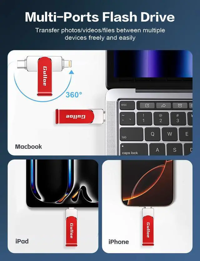 Alt view image 2 of 5 - Gulloe 256GB Flash Drive Intended for iPhone, Memory Stick Storage for Photos and Videos Backup, Compatible with iPhone iPad Android PC, Plug and Play, No Application Required (Red)