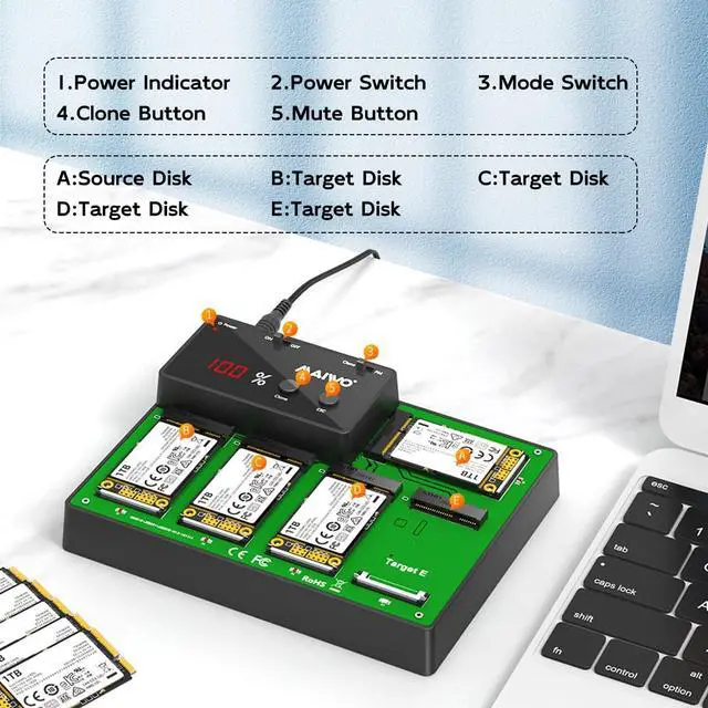 Alt view image 5 of 5 - MAIWO 5 Bay mSATA SSD Reader Docking Station with Offline Clone, mini SATA to USB 3.0 Adapter Reader 5TB Capacity 12V/3A