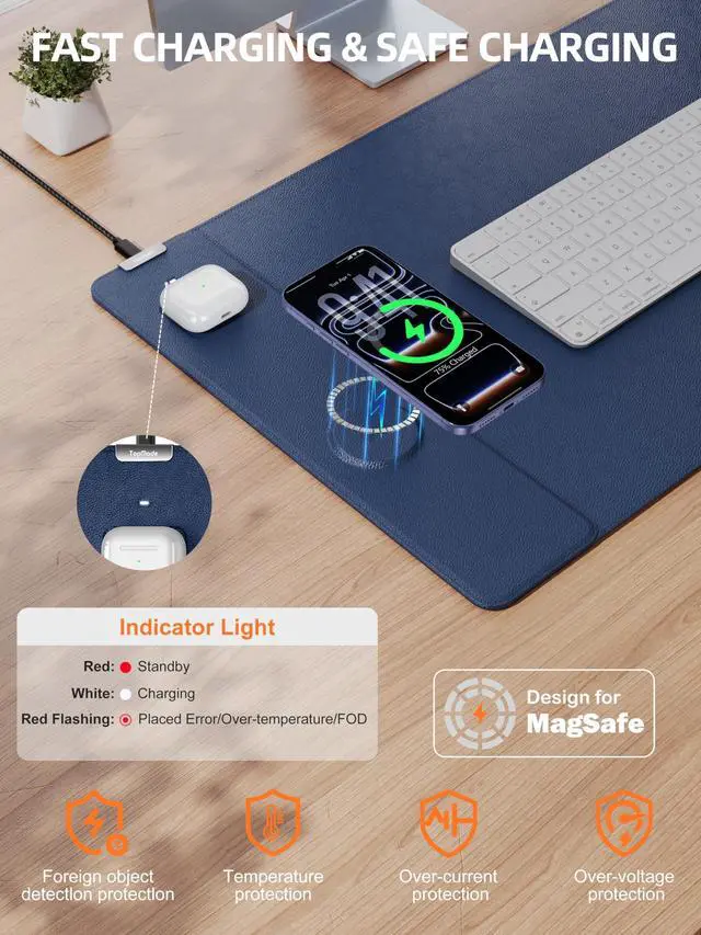 Alt view image 2 of 5 - TopMade Mouse Pad with 15W Wireless Charging, XXL Large Leather Desk Mat, Waterproof Gaming Mousepad Home Office Desk Pad Protector, Computer Keyboard Pad, Mouse Mat for for MacBook, PC, Laptop, Blue