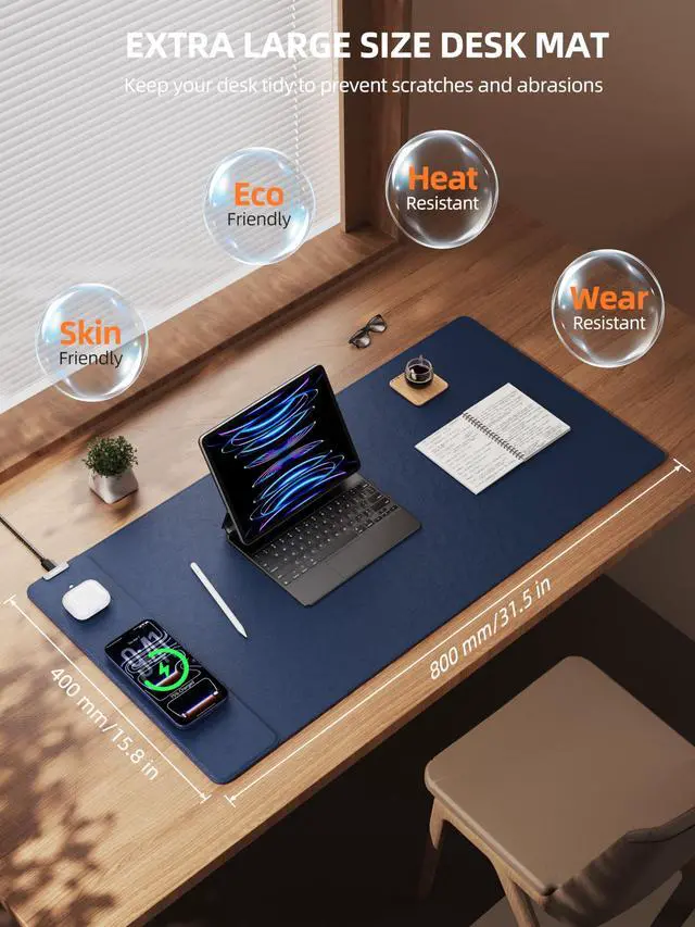 Alt view image 4 of 5 - TopMade Mouse Pad with 15W Wireless Charging, XXL Large Leather Desk Mat, Waterproof Gaming Mousepad Home Office Desk Pad Protector, Computer Keyboard Pad, Mouse Mat for for MacBook, PC, Laptop, Blue