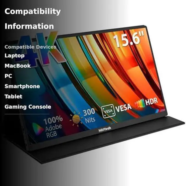 Alt view image 3 of 5 - HotYeah Portable Monitor 4K, 15.6'' 3840x2160 UHD USB-C HDMI Laptop Monitor, 100% Adobe RGB HDR FreeSync External Computer Display, Travel 2nd Screen with Speakers & Smart Cover & VESA
