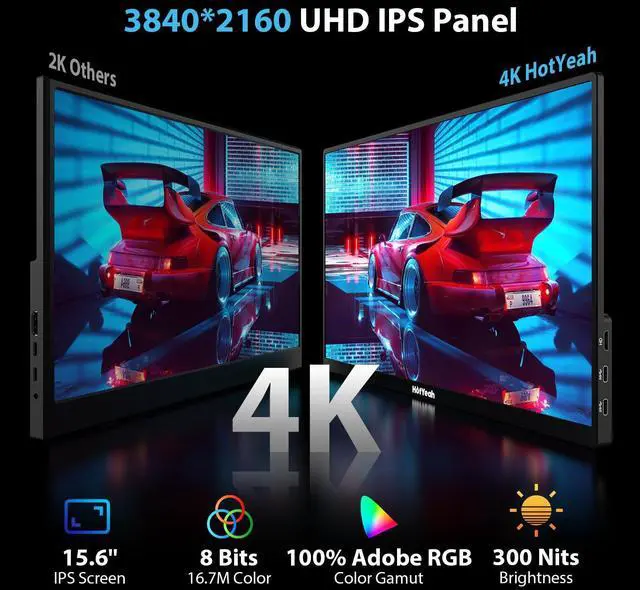 Alt view image 2 of 5 - HotYeah Portable Monitor 4K, 15.6'' 3840x2160 UHD USB-C HDMI Laptop Monitor, 100% Adobe RGB HDR FreeSync External Computer Display, Travel 2nd Screen with Speakers & Smart Cover & VESA