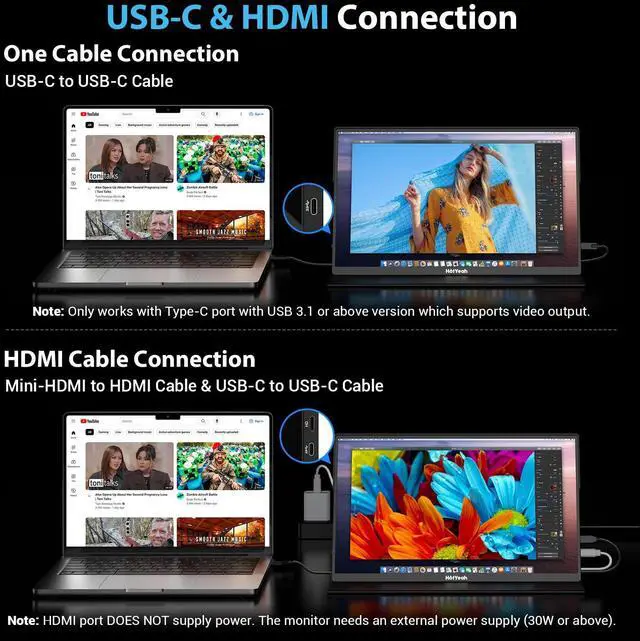 Alt view image 5 of 5 - HotYeah Portable Monitor 4K, 15.6'' 3840x2160 UHD USB-C HDMI Laptop Monitor, 100% Adobe RGB HDR FreeSync External Computer Display, Travel 2nd Screen with Speakers & Smart Cover & VESA