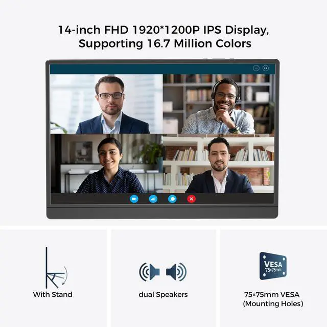 Alt view image 3 of 5 - DHPL 14 Inch Portable Monitor, FHD 1920x1200 IPS16:10 Display with Built-in Kickstand, USB-C/HDMI Plug and Play, Compatible with Laptop, PC, Mac, Mobile, PS5, PS4, Xbox, Switch