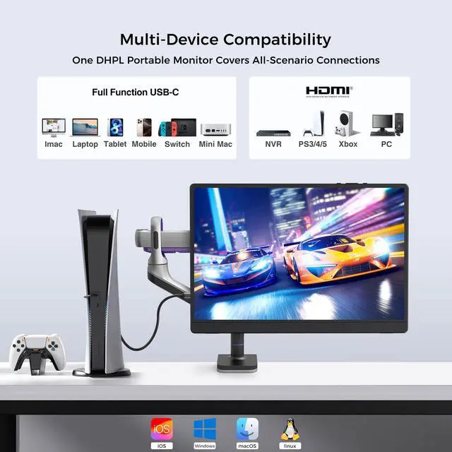 Alt view image 5 of 5 - DHPL 14 Inch Portable Monitor, FHD 1920x1200 IPS16:10 Display with Built-in Kickstand, USB-C/HDMI Plug and Play, Compatible with Laptop, PC, Mac, Mobile, PS5, PS4, Xbox, Switch