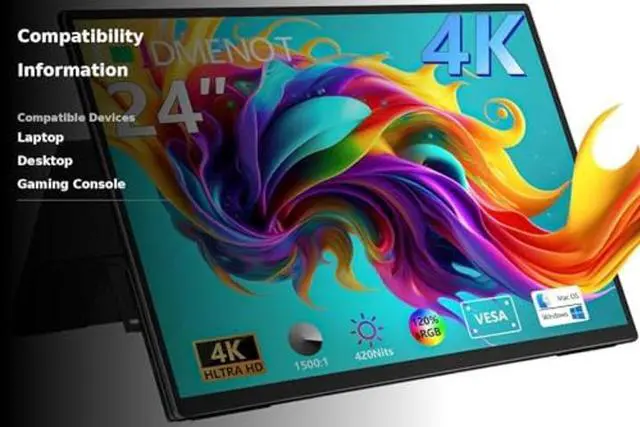 Alt view image 3 of 5 - odmenot 4K Large Portable Monitor 24 Travel Monitor UHD 3840 * 2160 120% sRGB External Second Screen for Desktop Laptop Mini PC MacBook W/Stand VESA HDMI USB-C Gaming Display for PS5/Xbox (OS24-4K)