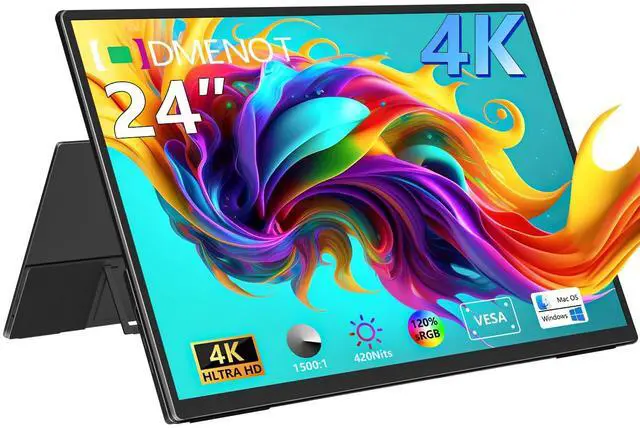 Main image of odmenot 4K Large Portable Monitor 24 Travel Monitor UHD 3840 * 2160 120% sRGB External Second Screen for Desktop Laptop Mini PC MacBook W/Stand VESA HDMI USB-C Gaming Display for PS5/Xbox (OS24-4K)