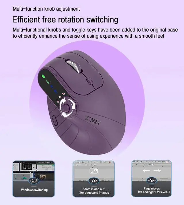 Alt view image 2 of 5 - JOMAA Wireless 2.4G & Dual Bluetooth Three-Channel Ergonomic Vertical Mouse Adjustable DPI, Multi-Function Turntable for PC, Laptop, MacBook, Rechargeable (Purple)
