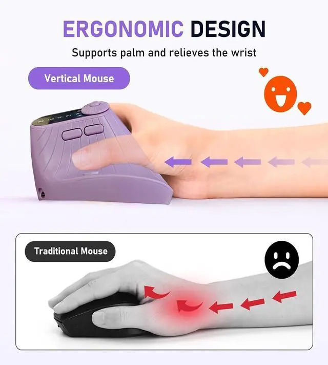 Alt view image 4 of 5 - JOMAA Wireless 2.4G & Dual Bluetooth Three-Channel Ergonomic Vertical Mouse Adjustable DPI, Multi-Function Turntable for PC, Laptop, MacBook, Rechargeable (Purple)