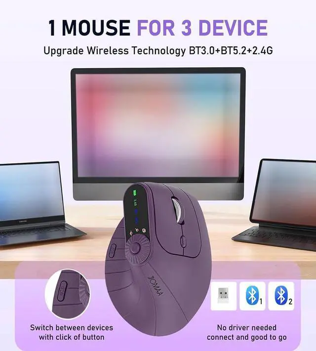 Alt view image 3 of 5 - JOMAA Wireless 2.4G & Dual Bluetooth Three-Channel Ergonomic Vertical Mouse Adjustable DPI, Multi-Function Turntable for PC, Laptop, MacBook, Rechargeable (Purple)