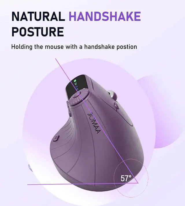 Alt view image 5 of 5 - JOMAA Wireless 2.4G & Dual Bluetooth Three-Channel Ergonomic Vertical Mouse Adjustable DPI, Multi-Function Turntable for PC, Laptop, MacBook, Rechargeable (Purple)