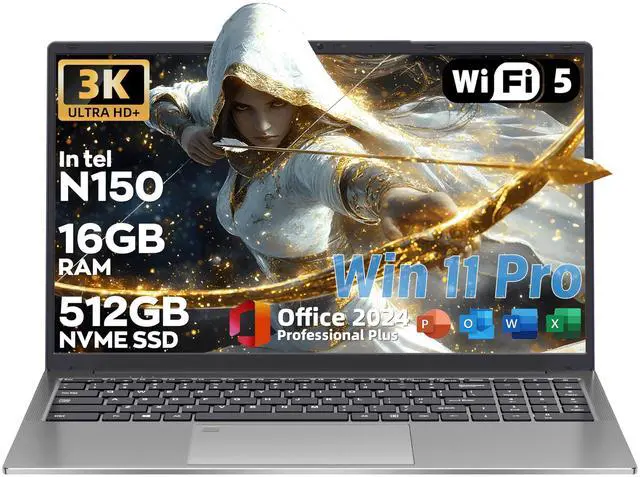 Main image of Rumtuk 16" 3K Business and Student Laptop, 512GB NVME SSD 16GB RAM, Win 11 Pro with Office 2024, in tel 4-Core Up to 3.6GHz, Fingerprint, Backlit KB, Webcam, HDMI, USB-C, RJ45, Long Battery Life