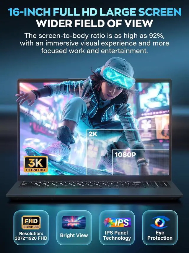 Alt view image 4 of 5 - Rumtuk 16" 3K Business and Student Laptop, 512GB NVME SSD 16GB RAM, Win 11 Pro with Office 2024, in tel 4-Core Up to 3.6GHz, Fingerprint, Backlit KB, Webcam, HDMI, USB-C, RJ45, Long Battery Life