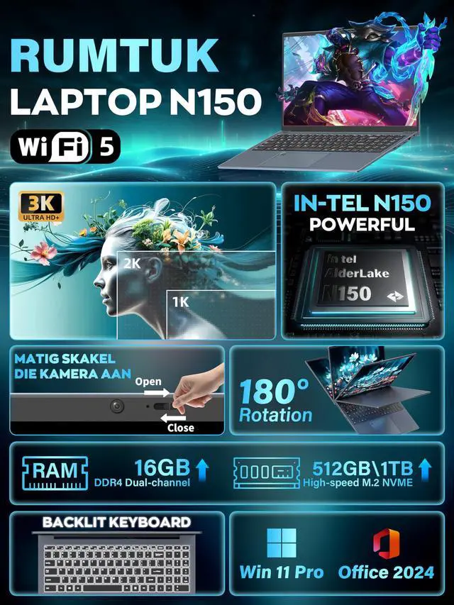 Alt view image 2 of 5 - Rumtuk 16" 3K Business and Student Laptop, 512GB NVME SSD 16GB RAM, Win 11 Pro with Office 2024, in tel 4-Core Up to 3.6GHz, Fingerprint, Backlit KB, Webcam, HDMI, USB-C, RJ45, Long Battery Life