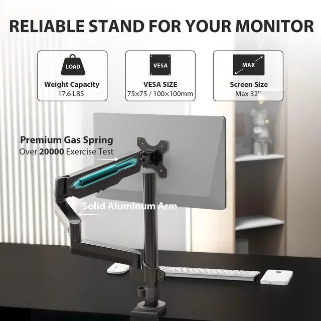 Alt view image 4 of 5 - EUREKA ERGONOMIC Single Monitor Desk Mount, Adjustable Gas Spring Monitor Arm for LCD PC Screen 13-32 inch, Max 17.6 LBS, Computer Monitor Stand W C Clamp & Grommet Base, VESA 75x75mm,100x100mm, Black