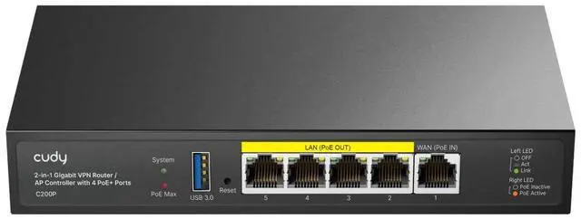 Main image of Cudy C200P Hardware AP Controller and VPN Router, PoE or DC Powered, Manage Up to 200 APs, Captive Portal, USB 3.0 Port, Easy and Intelligent Network Monitor & Maintenance