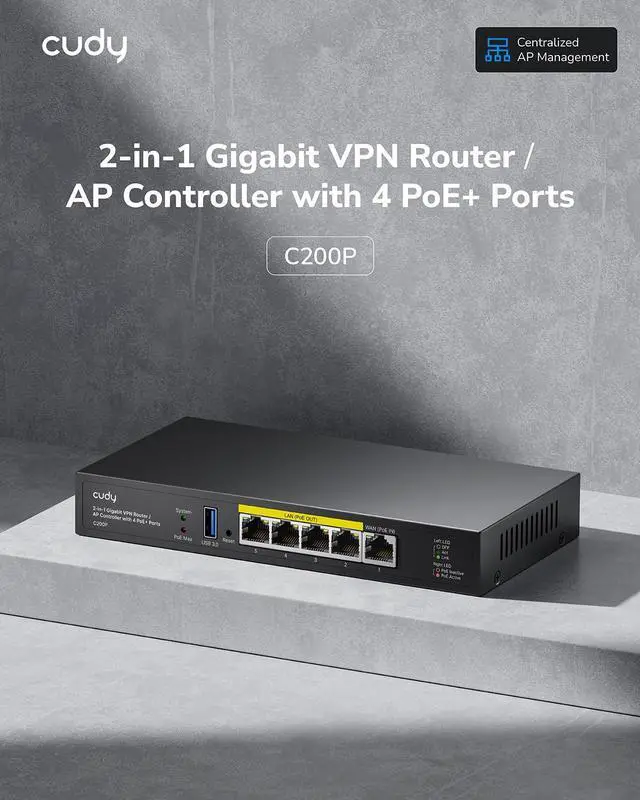 Alt view image 2 of 5 - Cudy C200P Hardware AP Controller and VPN Router, PoE or DC Powered, Manage Up to 200 APs, Captive Portal, USB 3.0 Port, Easy and Intelligent Network Monitor & Maintenance