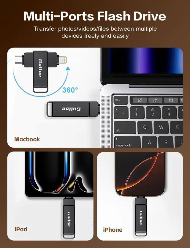 Alt view image 2 of 5 - Gulloe 256GB Flash Drive Intended for iPhone, Memory Stick Storage for Photos and Videos Backup, Compatible with iPhone iPad Android PC, Plug and Play, No Application Required (Metal Grey)