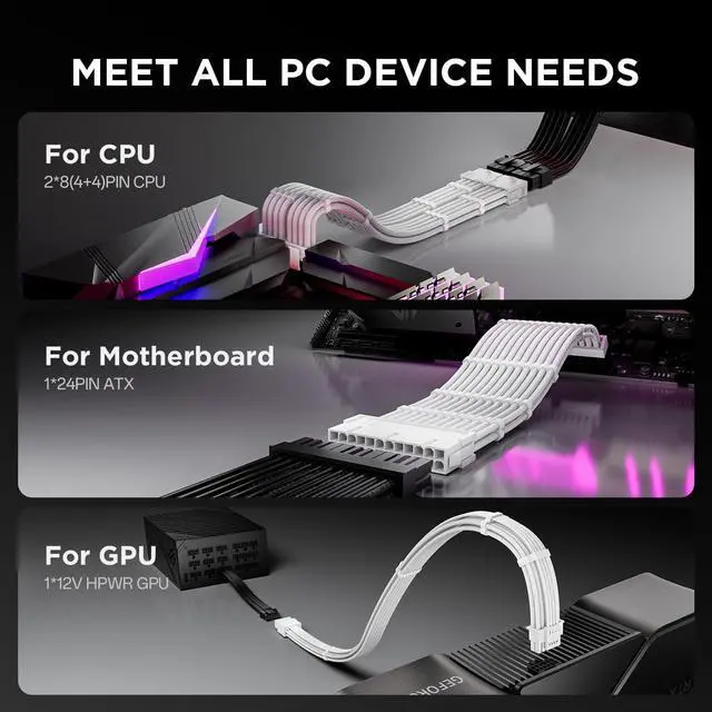 Alt view image 5 of 5 - AsiaHorse 12VHPWR PSU Extension Cable Kit for RTX 50/40 Series, 16AWG Pcie 5.0 Cable Extension Kit Soft Braided 16PIN to 16PIN Cable Kit, 24pin ATX /4+4pin EPS /12+4pin 30CM