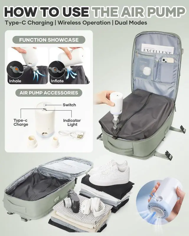 Alt view image 2 of 5 - Vacuum Seal Travel Backpack with Air Pump,Compression Vacpack Waterproof Carry On Backpack for Travel Women Men with Vacuum System,Airlines Approved Daypack Laptop Space Saver Bags,GrassGreen