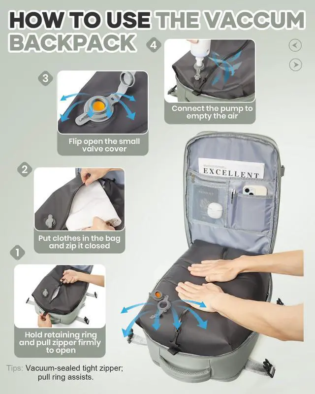 Alt view image 3 of 5 - Vacuum Seal Travel Backpack with Air Pump,Compression Vacpack Waterproof Carry On Backpack for Travel Women Men with Vacuum System,Airlines Approved Daypack Laptop Space Saver Bags,GrassGreen