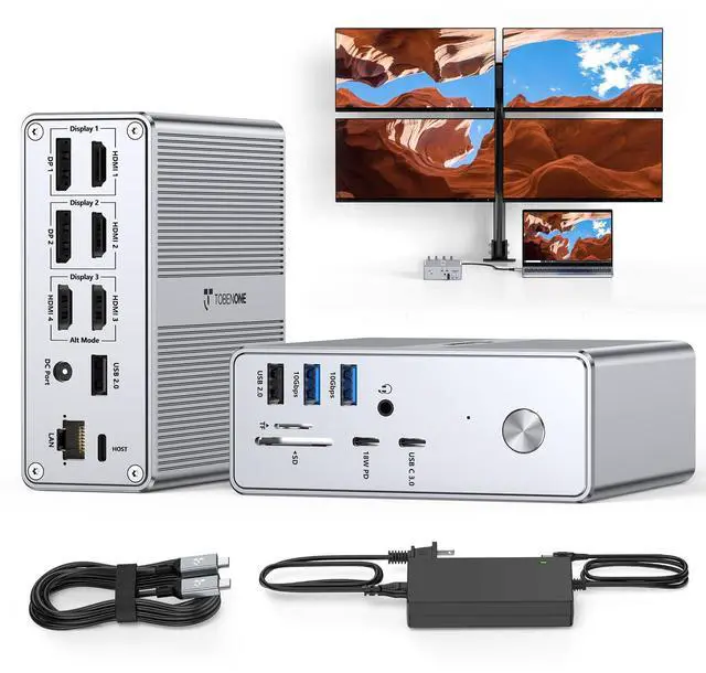 Main image of TobenONE Quad Monitor Docking Station with 4 HDMI, 18-in-1 DisplayLink Docking Station with 120W Charger, Dock for Thunderbolt 4/3, USB-C Windows, MacBook(4 USB, 2 USB-C, Ethernet,SD/TF,Audio)