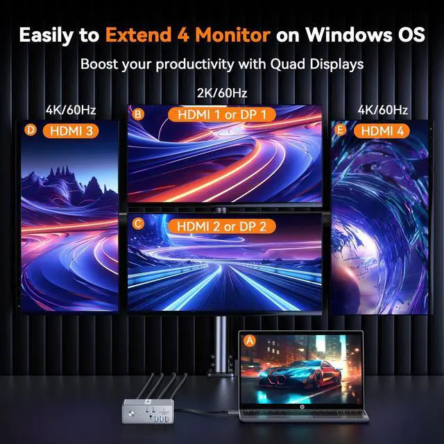 Alt view image 3 of 5 - TobenONE Quad Monitor Docking Station with 4 HDMI, 18-in-1 DisplayLink Docking Station with 120W Charger, Dock for Thunderbolt 4/3, USB-C Windows, MacBook(4 USB, 2 USB-C, Ethernet,SD/TF,Audio)