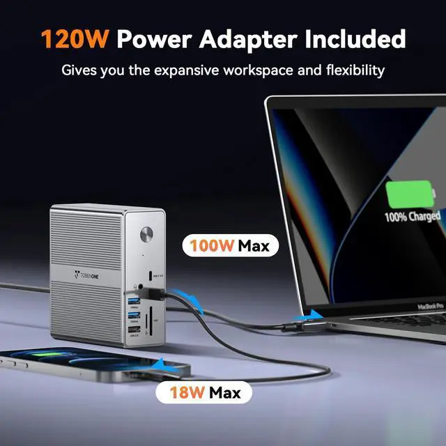 Alt view image 5 of 5 - TobenONE Quad Monitor Docking Station with 4 HDMI, 18-in-1 DisplayLink Docking Station with 120W Charger, Dock for Thunderbolt 4/3, USB-C Windows, MacBook(4 USB, 2 USB-C, Ethernet,SD/TF,Audio)