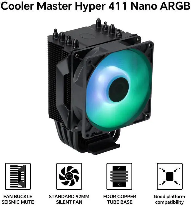 Alt view image 2 of 5 - Hyper 411 Nano ARGB CPU Cooler, 2500RPM PWM Fan, Noise Level 30.04 dBA,4 Copper Heat Pipes, 136mm Tall, AMD Ryzen AM5|AM4, Intel LGA 1851|1700 Brackets