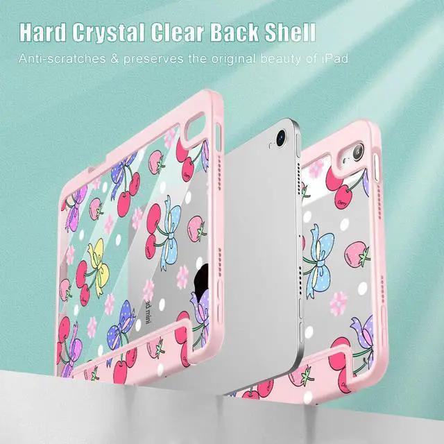 Alt view image 4 of 5 - Tuiklol Clear Case for iPad mini 7 (A17 Pro 7th Gen) 2024 / iPad mini 6 (6th Gen) 2021 8.3 Inch,Built-in Pencil Holder Slim Transparent Back Shell Cover Auto Wake/Sleep, Strawberry Cherry Pink