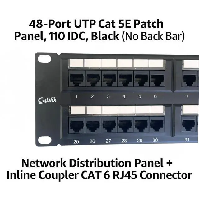Alt view image 2 of 5 - Cablix 48-Port UTP Cat 5E Patch Panel, 110 IDC, Black (No Back Bar) Network Distribution Panel + Inline Coupler CAT 6 RJ45 Connector