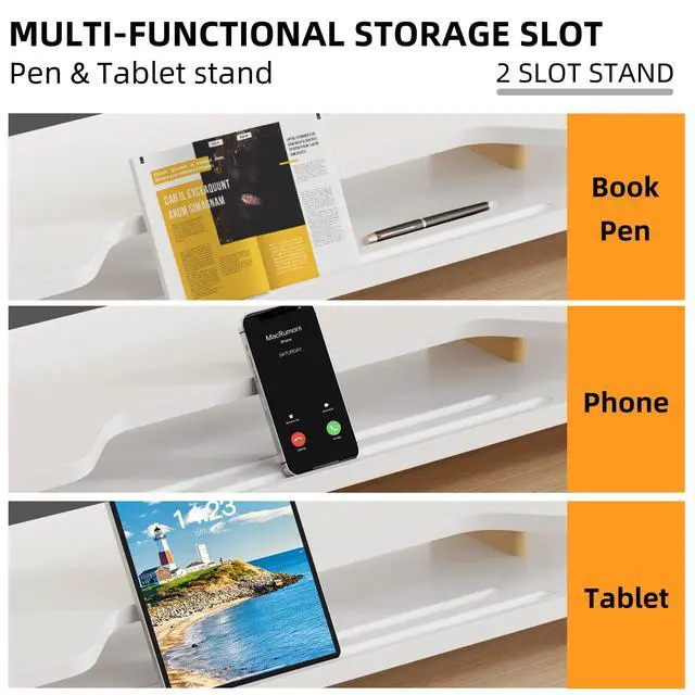 Alt view image 3 of 5 - AFOOYO 2 Tier White Dual Monitor Stand Riser,Wider Board Computer Monitor Stand for 2 Monitors,Slot For Phone/Tablet Office Desktop Organizer for Laptop,PC,Computer,Printer,White