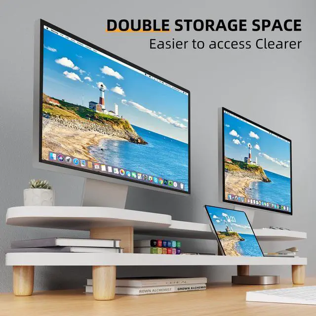 Alt view image 5 of 5 - AFOOYO 2 Tier White Dual Monitor Stand Riser,Wider Board Computer Monitor Stand for 2 Monitors,Slot For Phone/Tablet Office Desktop Organizer for Laptop,PC,Computer,Printer,White