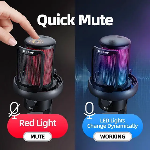 Alt view image 3 of 5 - MRSDY Gaming Microphone, USB Noise Cancellation Condenser Mic with Headphone Jack, Mute, Gain, RGB, Suitable for PC, Computer, PS4, PS5, Mac, Streaming, Podcasting, Recording, YouTube, Discord