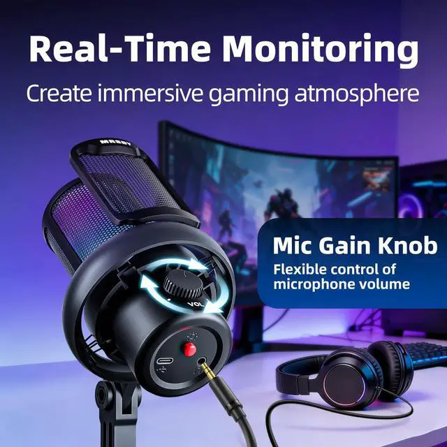 Alt view image 5 of 5 - MRSDY Gaming Microphone, USB Noise Cancellation Condenser Mic with Headphone Jack, Mute, Gain, RGB, Suitable for PC, Computer, PS4, PS5, Mac, Streaming, Podcasting, Recording, YouTube, Discord
