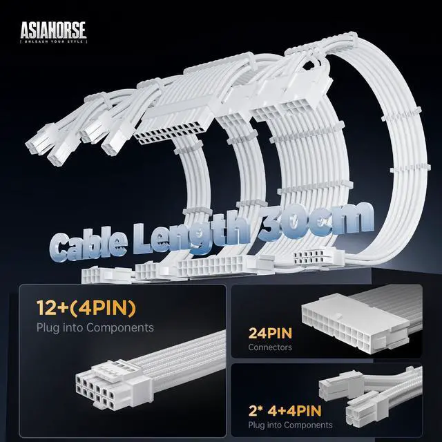Alt view image 2 of 5 - AsiaHorse 12VHPWR Cable Extension Kit, 16AWG Pcie 5.0 PSU Cable Extension Kit Soft Braided Power Supply Cable Extension, 24pin ATX /4+4pin EPS /12+4pin 30CM Length with Cable Combs