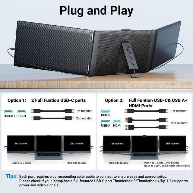 Alt view image 5 of 5 - Ygretyrjh Laptop Screen Extender, 14" Triple Portable Monitor for Laptop, 1080P FHD IPS Screen Extender Monitors for 13"-17", Travel Monitor for Mac/Windows/Chrome, Built-in Speakers