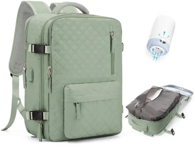 Main image of Travel Vacuum Storage Backpack with Air Pump Vacuum Seal Compression Space Saver Bags Clothing Vacpack 18x14x8 inches Travel Bag Carry on Personal item Laptop Work Backpacks Women LightGreen