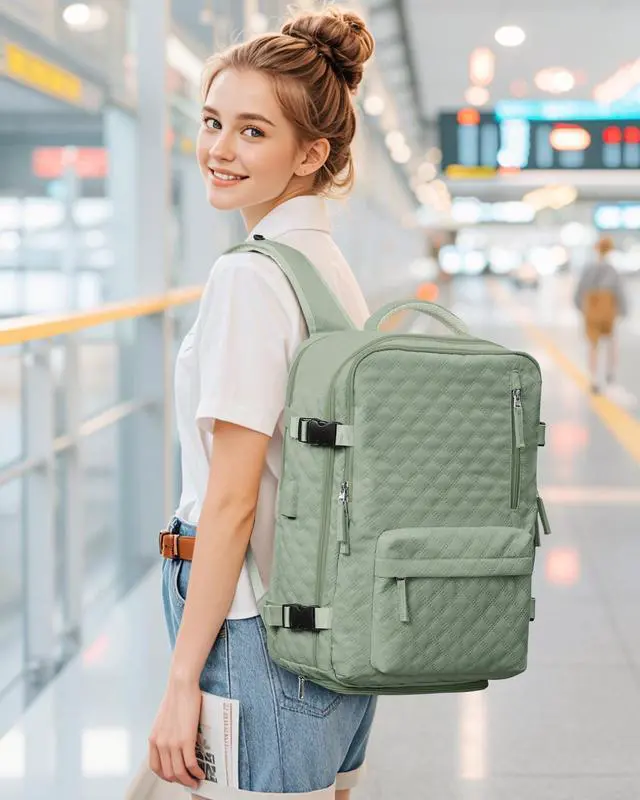 Alt view image 2 of 5 - Travel Vacuum Storage Backpack with Air Pump Vacuum Seal Compression Space Saver Bags Clothing Vacpack 18x14x8 inches Travel Bag Carry on Personal item Laptop Work Backpacks Women LightGreen