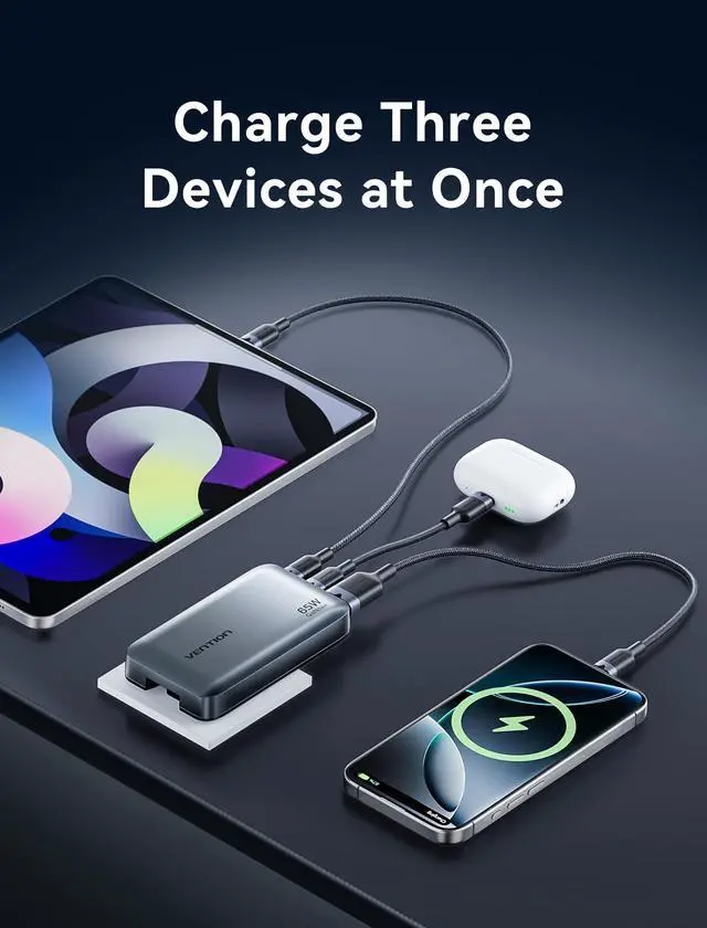 Alt view image 4 of 5 - VENTION 65W USB C Fast Charger with UK/US/EU Plugs, 3-Port Ultra Flat International Travel Adapter for UK, EU, USA, Dash Pro GaN Charger Compatible with MacBook, Laptop, iPhone 16/15/14, Galaxy S25/24